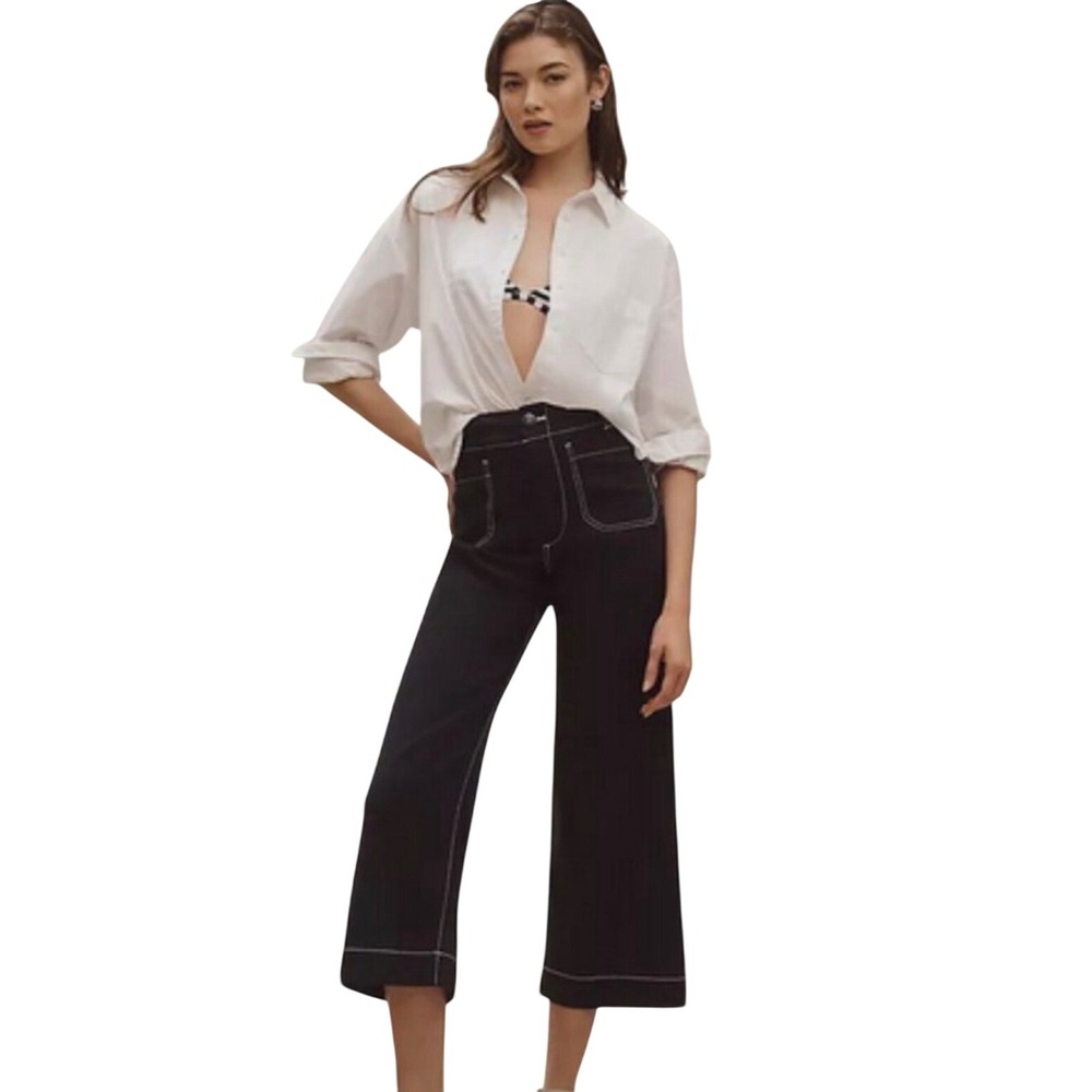 Maeve Anthropologie The Colette Cropped Wide Leg Pants Black Contrast Stitch 27